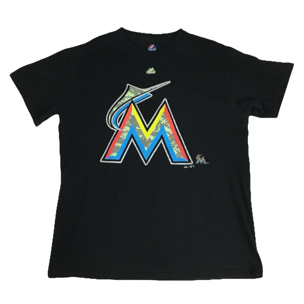 Majestic Miami Marlins‎ MLB Mens Medium Black Camo Graphic T-Shirt Short Sleeve